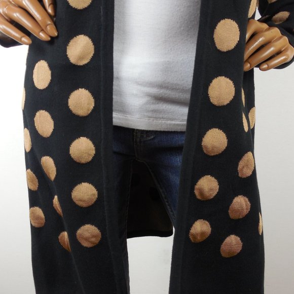 CHICO'S Top L Sz 2 Black/Tan Dot Long Cardigan Sweater Ribbon Tie Heavyweight - Picture 7 of 14